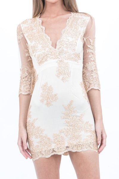 Apricot and Gold Plunge Lace Dress - dev.katchme