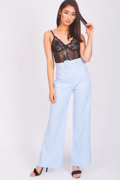 Baby Blue Belted Flared Trousers - dev.katchme
