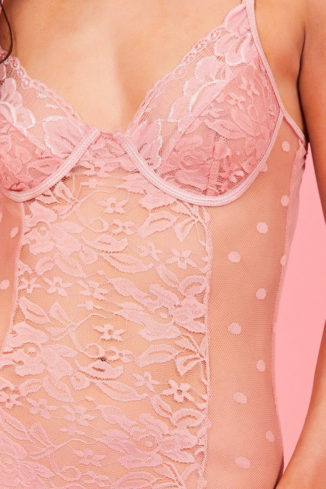 Baby Pink Floral Polka Dot Sheer Bodysuit - dev.katchme