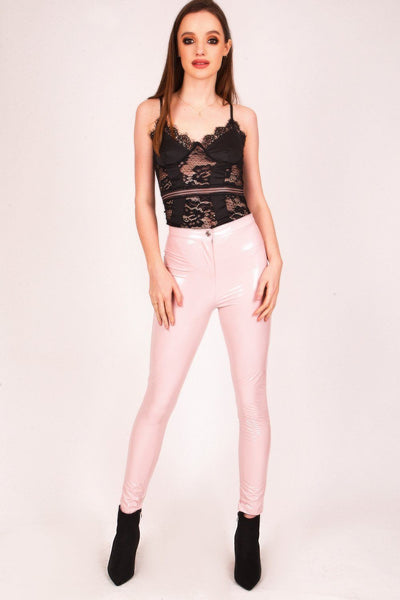 Baby Pink High Shine PU Trousers - dev.katchme