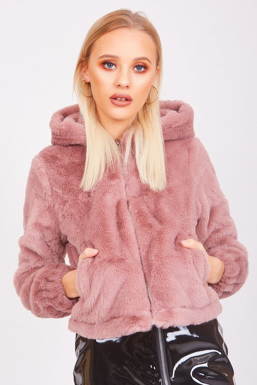Baby Pink Faux Fur Zip Up Hoodie Jacket - dev.katchme
