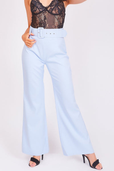 Baby Blue Belted Flared Trousers - dev.katchme