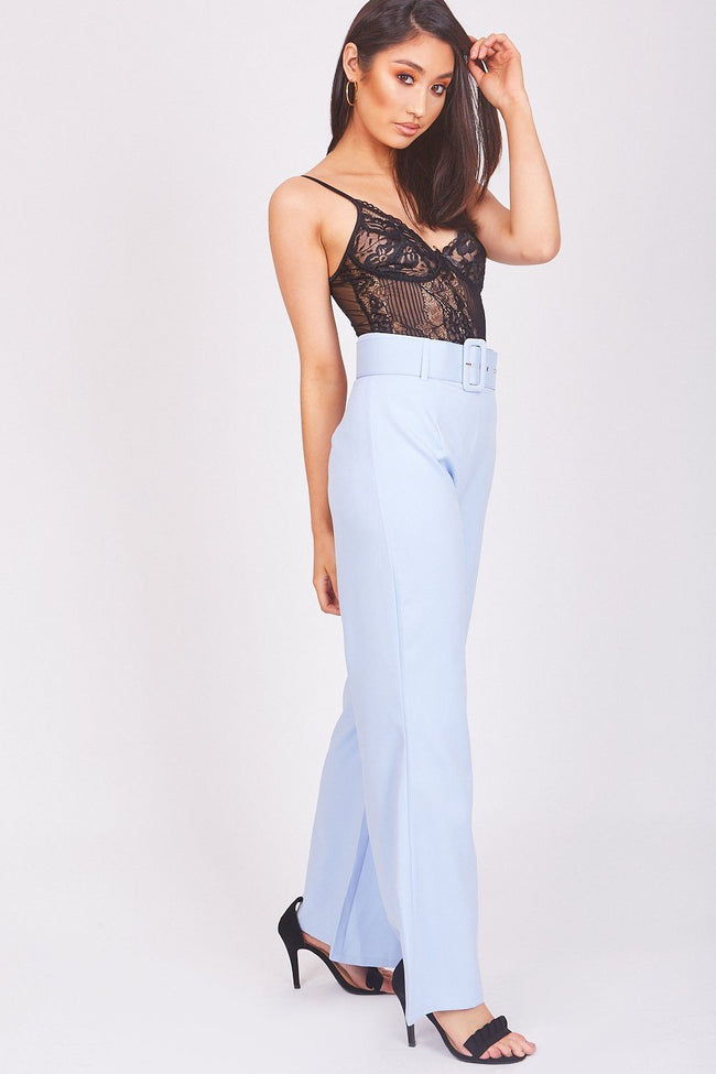 Baby Blue Belted Flared Trousers - dev.katchme