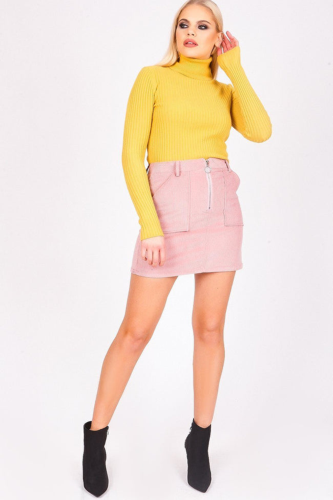 Baby Pink Corduroy Zip Front Mini Skirt - dev.katchme